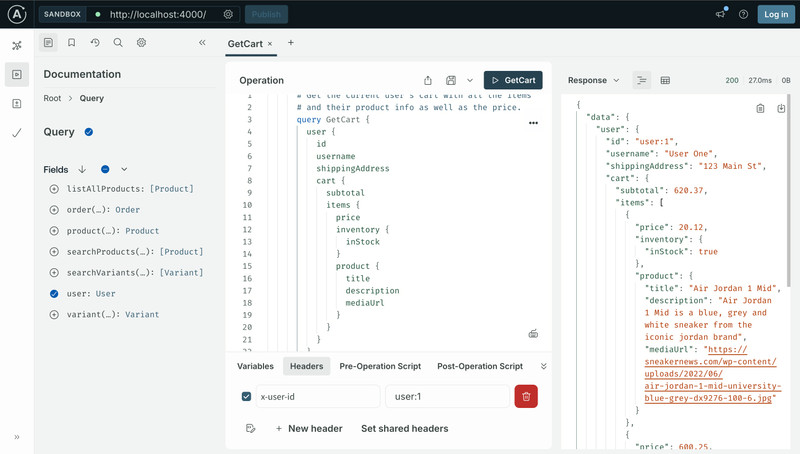 The GraphOS Studio Explorer with a GetCart operation and headers.