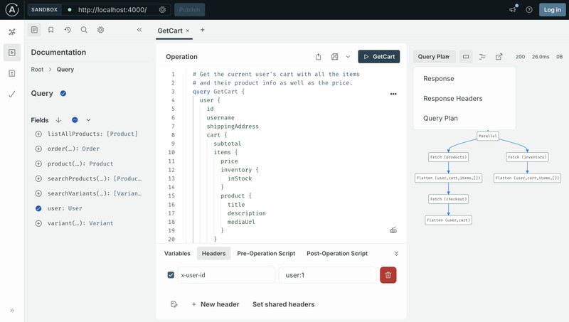 Apollo Sandbox shows a query plan diagram for an operation.