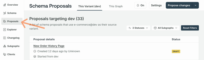 Opening the Proposals page from the left navigation in GraphOS Studio