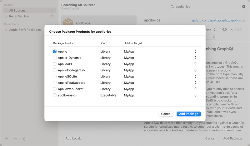 Selecting Apollo iOS packages