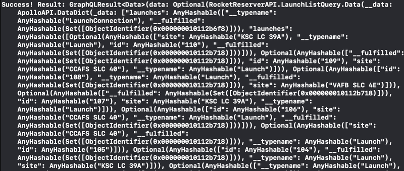 Query console log output, beginning with 'Success! Result: GraphQLResult...'